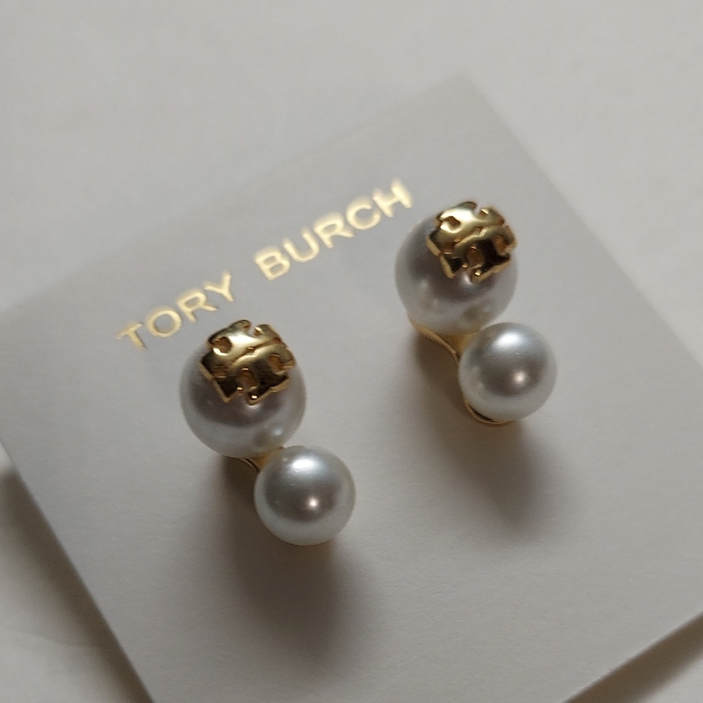 Tory Burch Gold Logo Double Pearl Drop Earrings - White Pearls
